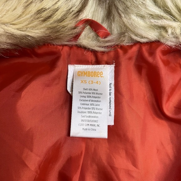 Gymboree Girls XS 3-4 Red-Orange Wool Toggle Coat‎ Faux Fur Collar Peacoat EUC - Picture 7 of 9